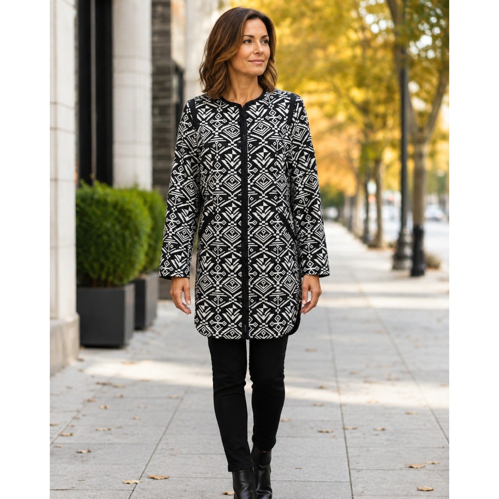Dennis Basso Black White Geometric Zip Front Long Coat Size 12